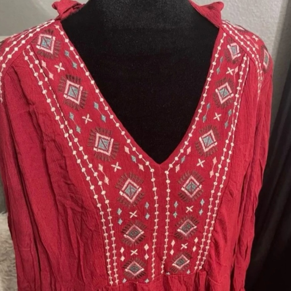 Knox Rose Rouge Embroidered Long Sleeve Red Dress with Pockets - Picture 3 of 4